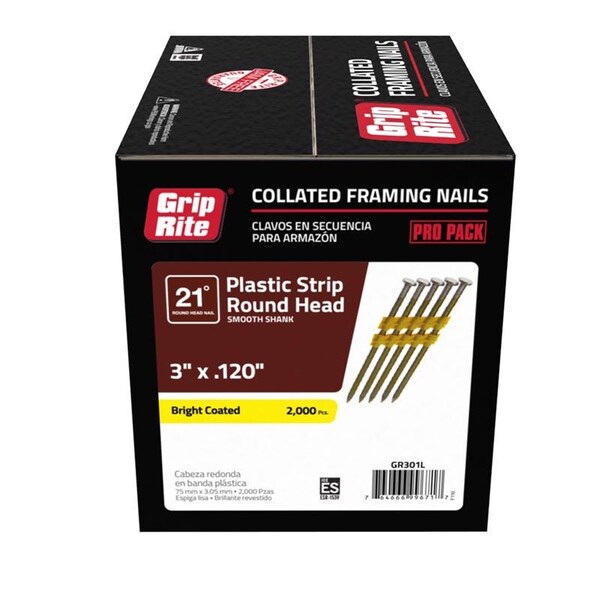 GripRite Collated Framing Nail, 3 in L, 11 ga, Bright, Round Head, 21